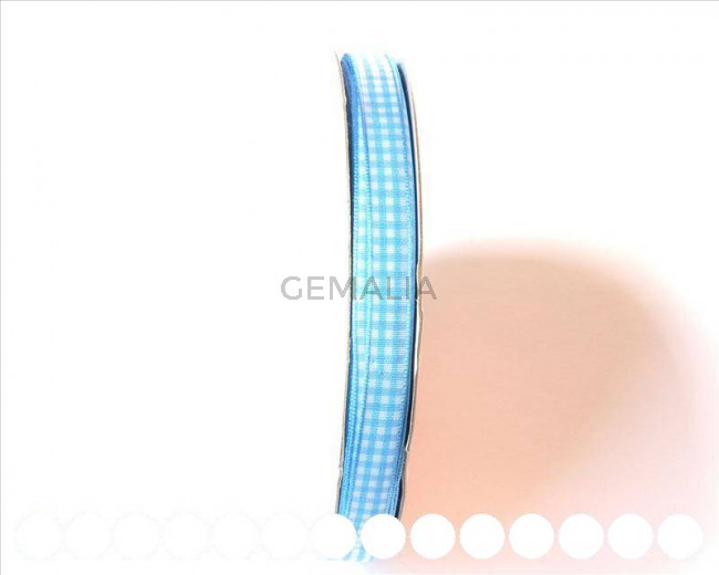 Lazo satinado. 10mm. Cuadros azul turquesa- blanco