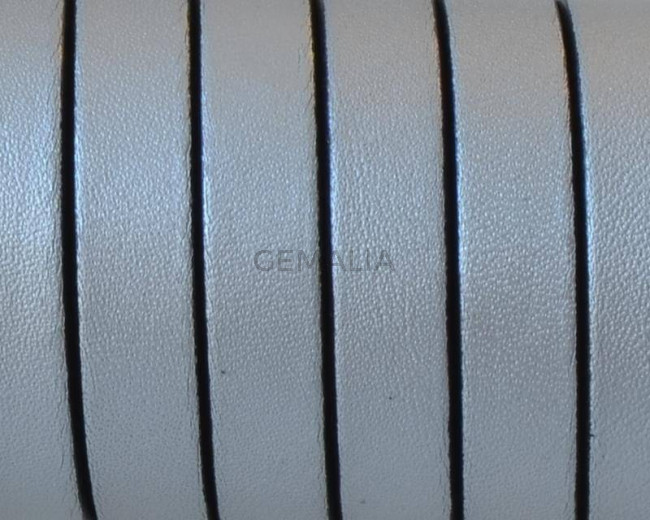 Cordon de Cuero Plano 10x1,5mm. Plata metalizado 2 - cantos negros. Calidad Superior. Precio Especial
