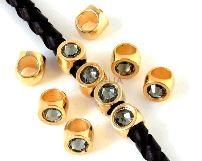 Entrepieza Moneda Zamak/SWAROVSKI. 8mm. Dorado-Black Diamond. Int.5mm