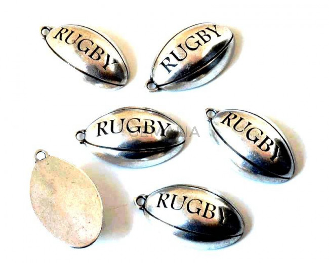 Zamak. Colgante. Pelota. Rugby. 38x24x12mm. Plateado. Int.2,8mm