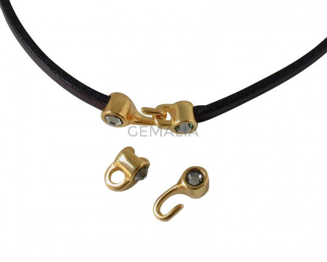Cierre garfio de SWAROVSKI y Zamak 11x4,5mm con terminal moneda. Dorado-Black Diamond. Int.3x2mm