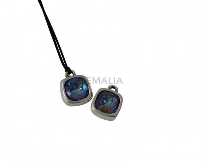 Colgante de SWAROVSKI y Zamak. Cuadrado 13x13mm. Plateado-ArmyGreen. Int.2mm