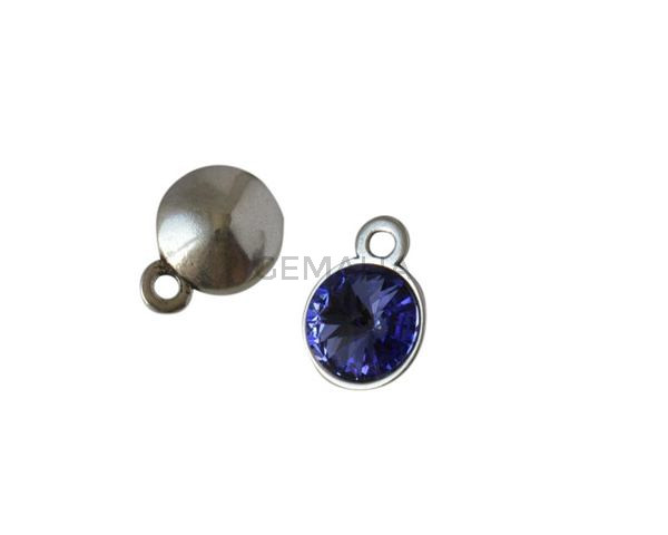 Colgante moneda Swarovski y Zamak 15mm. Plateado-Tanzanite. Int.2,5mm