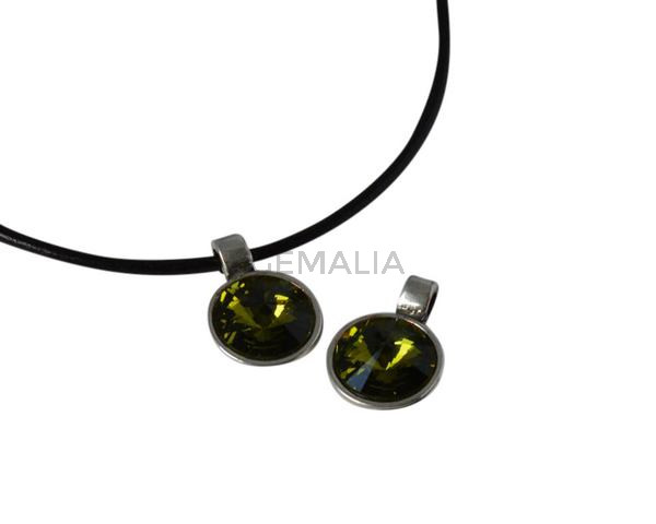 Colgante moneda Swarovski y Zamak 15mm. Plateado-Olivina. Int.2,8mm