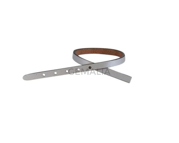 Tira de cuero para hebilla. 230x6mm. Plata clara metalizada-cantos negros. Calidad superior.