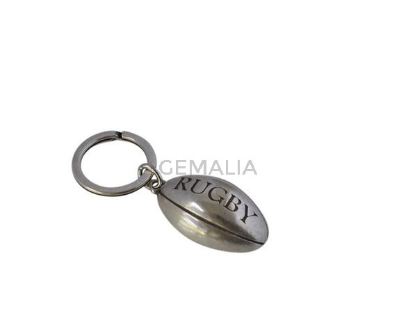 Llavero de Zamak rugby. Balon 38x24x12mm. Plateado. 