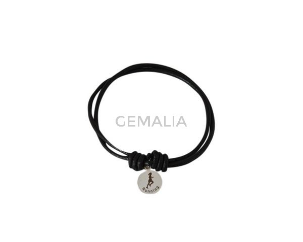 Pulsera de running de laton y cuero 2mm. Negro. Adaptable.Calidad Sup.