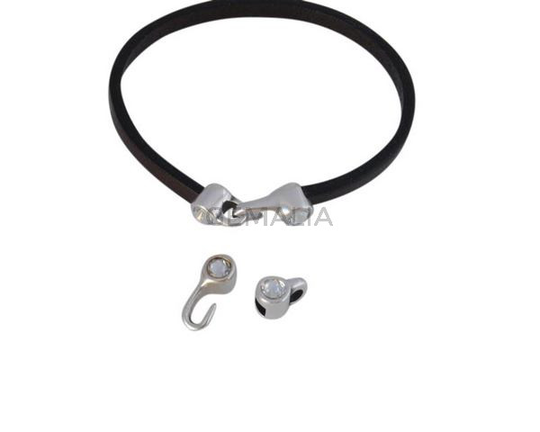 Cierre garfio de SWAROVSKI y Zamak 11x4,5mm con terminal moneda. Plateado-Crystal. Int.3x2mm