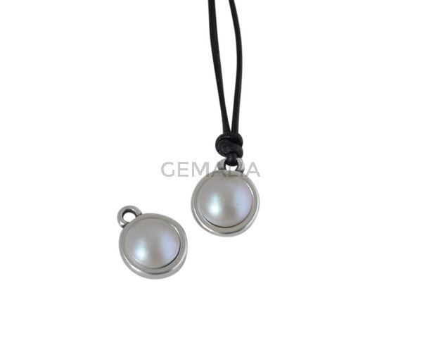 Colgante de SWAROVSKI y Zamak moneda 9x5x9,5mm. Plateado-Grey Light Pearl. Int.1,5mm