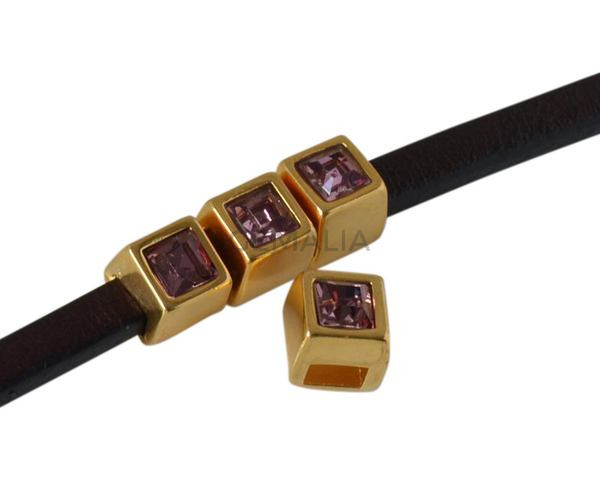Entrepieza de SWAROVSKI cuadrado 5x5mm. Dorado-Antique Pink. Int.3x2mm