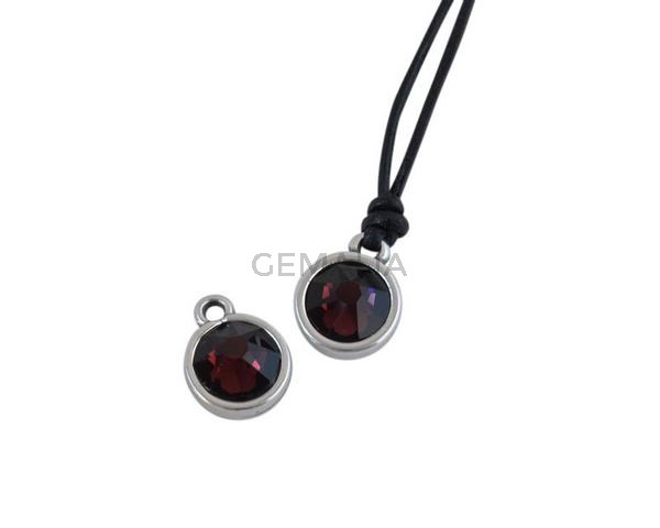 Colgante de SWAROVSKI y Zamak moneda 9x5x9,5mm. Plateado-Burgundy. Int.1,5mm
