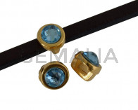 Entrepieza de SWAROVSKI y Zamak. Moneda 6x4mm. Dorado-Aquamarine. Int.3x2mm