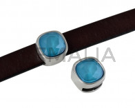 Entrepieza de SWAROVSKI y Zamak. Cuadrado 13x13mm. Plateado-Azure Blue. Int.10x2,5mm
