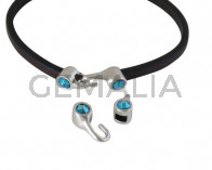 Cierre garfio de SWAROVSKI y Zamak 11x4,5mm con terminal moneda. Plateado-Blue Zircon Shimmer. Int.3x2mm