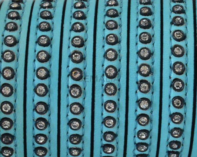 Flat Leather cord with strass. 8x3mm. Sea green-crystal strass. Best Quality.