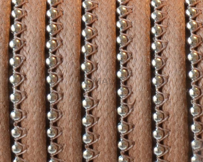 Waxed leather cord with chain. 7x2mm. Camel-silver. Best Quality.
