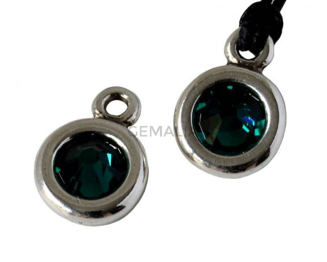 Zamak/SWAROVSKI Pendant. 17x11mm Coin. Silver-Emerald. Inn.2mm
