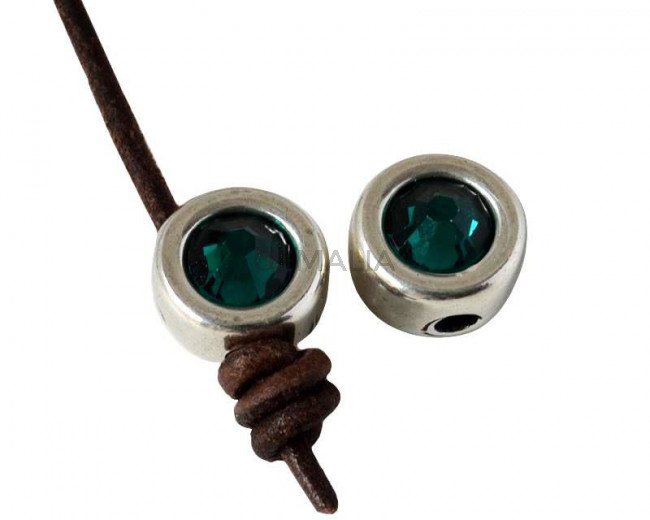 Zamak/SWAROVSKI slider. 12mm Coin. Silver-Emerald. Inn.3mm 