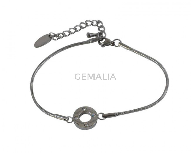 Stainless Steel chain bracelet with extender chain and cubic zirconia. 12mm Connector. Silver. 8.2 inch