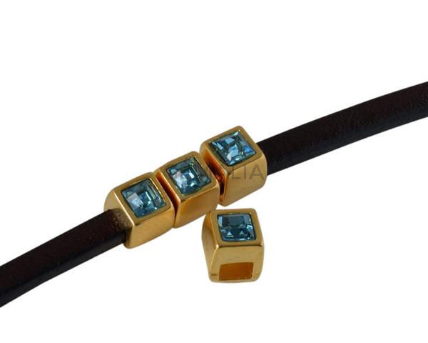 SWAROVSKI and metal slider square 5x5mm. Gold-Aquamarine. Int.3x2mm