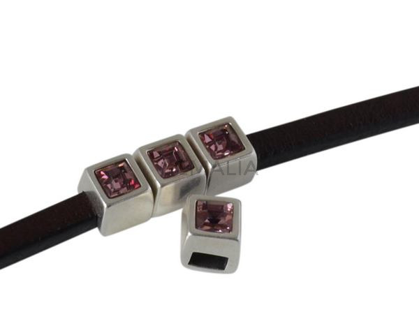 SWAROVSKI and metal slider square 5x5mm. Silver-Antique Pink. Int.3x2mm