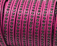 Flat Leather cord with strass. 8x3mm.  Fuchsia-crystal strass. Best Quality.