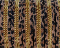 Suede Leather cord with chain. Flat. 10x2mm. Leopard-gold. Best Quality.