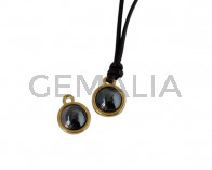 Swarovski and metal pendant coin 9x5x9.5mm. Gold-Jet Hematite Pearl. Inn1.8mm