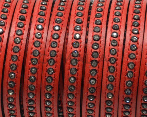 Flat Leather cord with strass. 8x3mm.  Red-crystal strass. Best Quality.