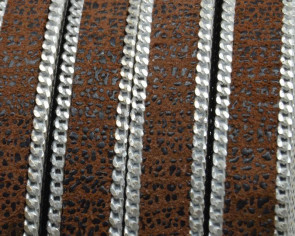 Flat Leather cord with chain. 10x2mm. Brown-silver. Best Quality.