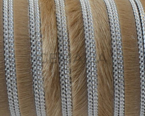 Colored cow hair leather cord. With chain.Flat.10x1.5mm.Beige-silver.Best Quality