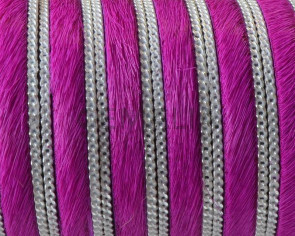 Colored cow hair leather cord. With chain. Flat. 10x1.5mm. Fuchsia-silver.Best Quality