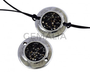 Zamak/SWAROVSKI Crystal Fine Rocks Connector. 26mm Coin. Silver-Grey. Inn2.5mm