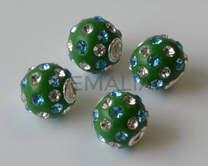 Resin/Metal/Rhinestone. Round. 13mm.Green-blue-crystal.Inn.3mm.approx.
